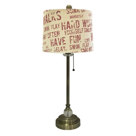 Royal Designs 28" Crystal and Antique Brass Lamp with Cream and Red Relaxing Phrase Print Drum Hardback Lamp Shade