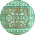 thumbnail image 1 of Ahgly Company Machine Washable Indoor Round Geometric Turquoise Blue Traditional Area Rugs, 7' Round, 1 of 4