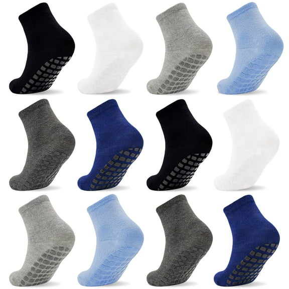 ELUTONG Toddler Socks, 12 Pack Boys Girls Non Slip Socks with Grippers for Kids Age 1-7