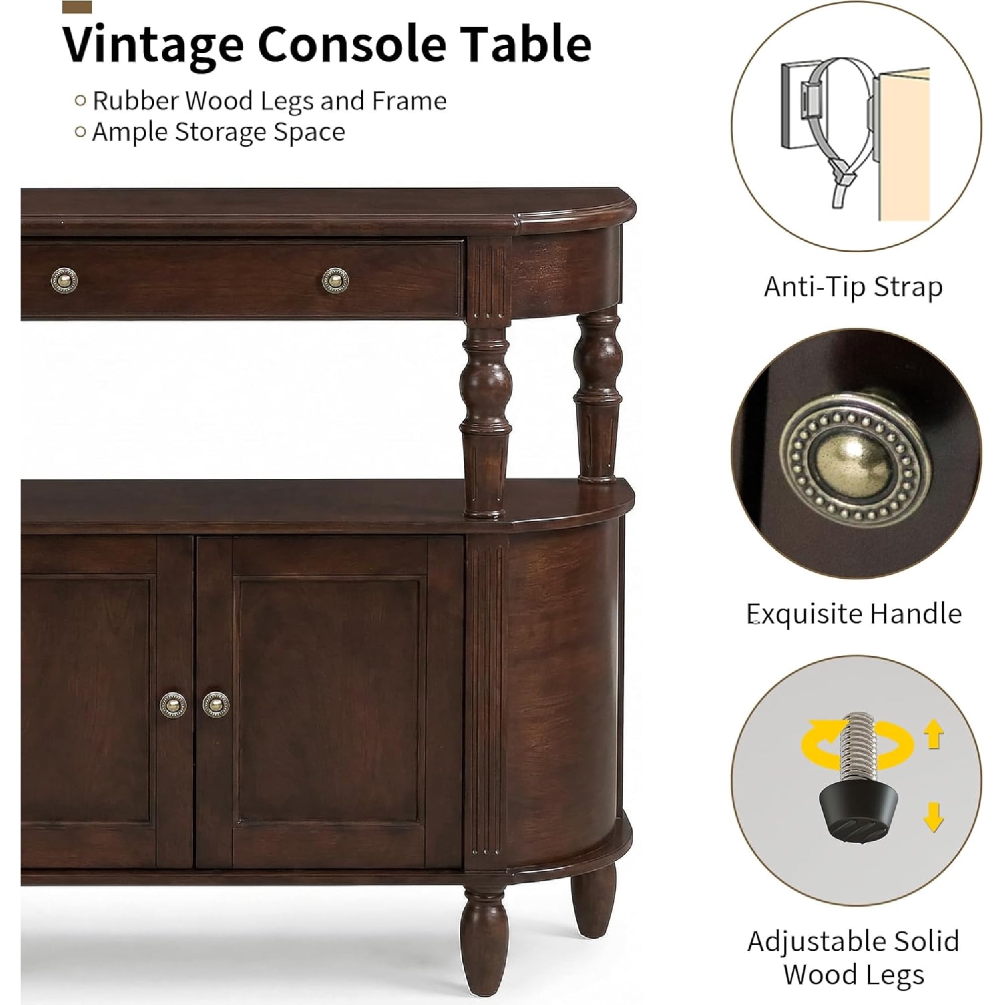LKTART Reston Curved Console Table with 2-Door Cabinet and Drawer, Solid Wood Legs Half Moon Entryway Table with Adjustable Shelf, Walnut