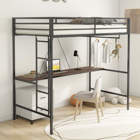 Aukfa Metal Twin Loft Bed with Built-in Desk and Closet Rod for Kids Teens, Black