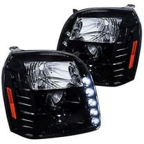 DRL LED Light Strip Projector Headlight Head Lamp Replacement in Gloss Black Housing Smoke Lens Made For And Compatible With 2007 - 2014 GMC Yukon Denali 07 08 09 10 11 12 13 14