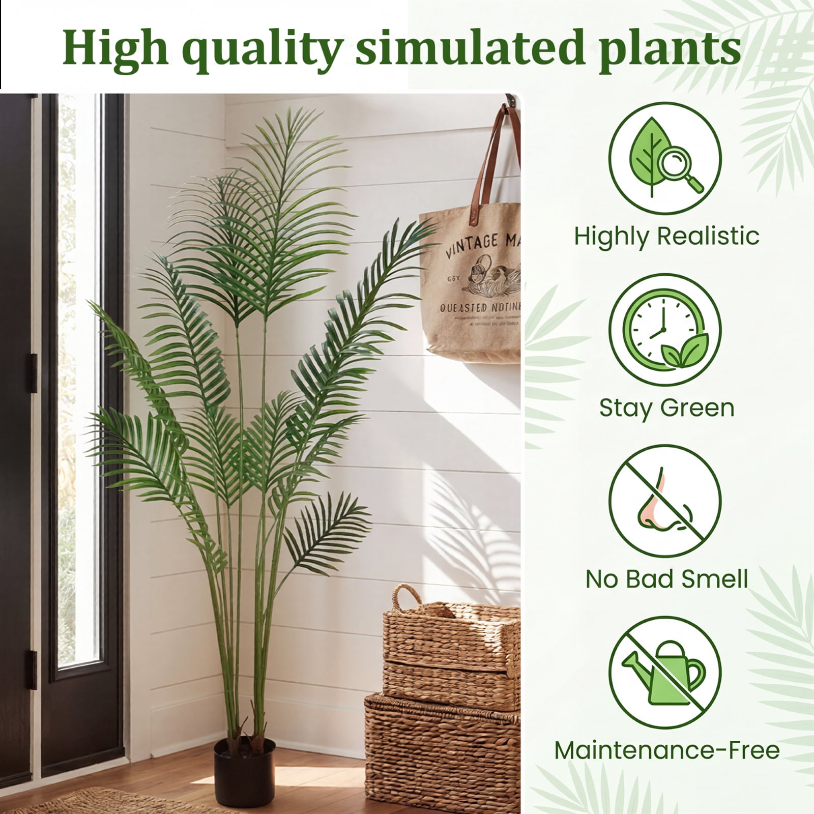 BEAUTYPEAK 5.2FT Artificial Palm Plants Fake Pre Potted Faux Green Tree Tall Fake House Plants Indoor Outdoor Floor Plant