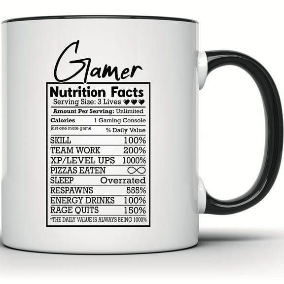 Gamer Nutrition Facts Mug - Funny Gaming Coffee Mug - Geeky Video Game Lover Gift - Gamer Gift for Him or Her - Unique Geek Mug - 11 Ounce Black Rim Handle Novelty Coffee Cup - WMUG1401-BLK