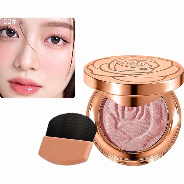 Rose Embossed Powder Blush Compact, Spring Orange Shade with Mirror & Brush, Natural Radiant Finish Face Makeup, Long-Lasting Sweet Aura