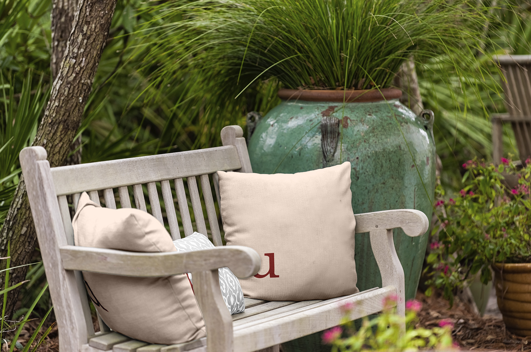 Simply Daisy 18" x 18" Modern Monogram Indoor/Outdoor Polyester Throw Pillow, Maple Red