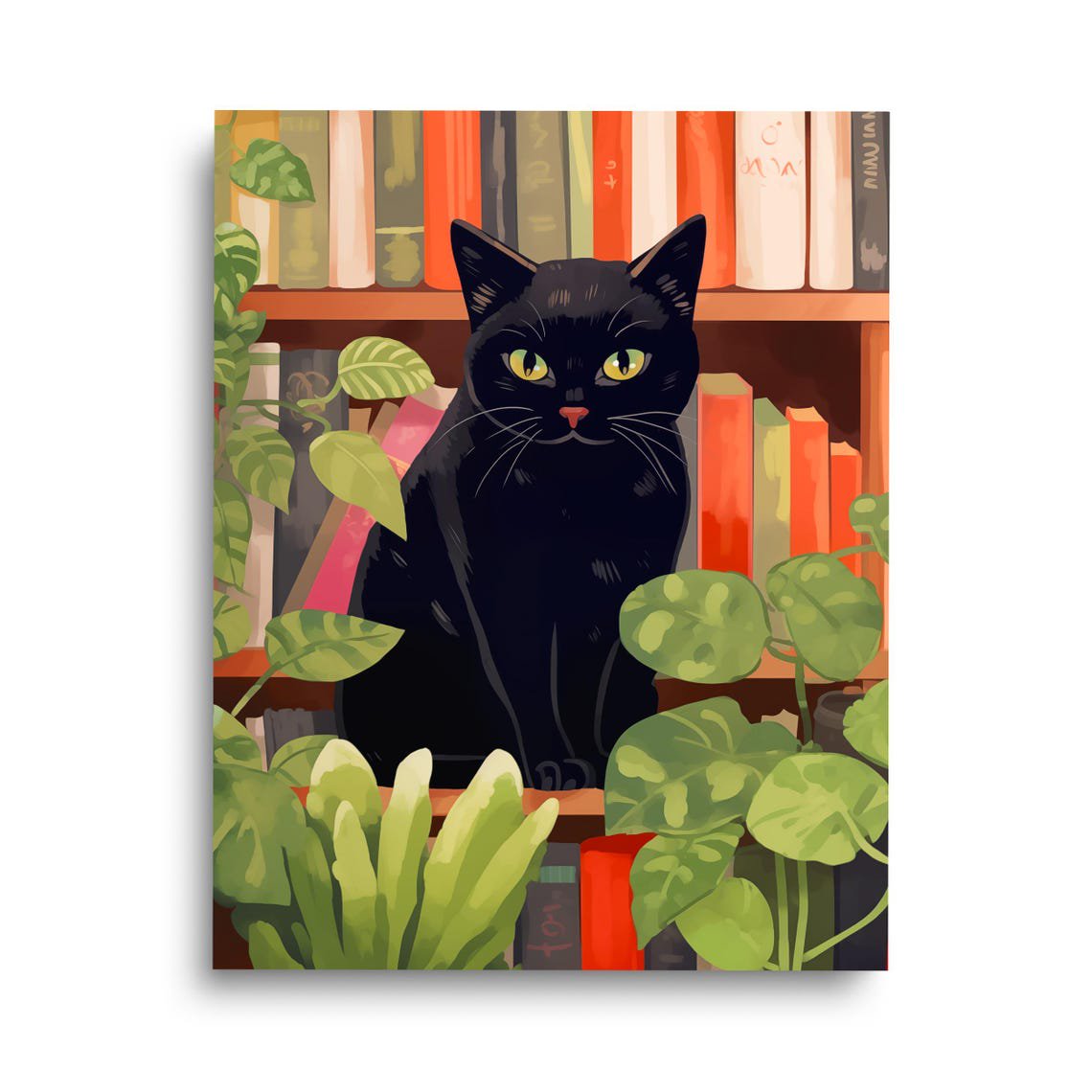 Black Cat Bookshelf Wall Art Print Cozy Bookstore Feline And Vintage Home Decor