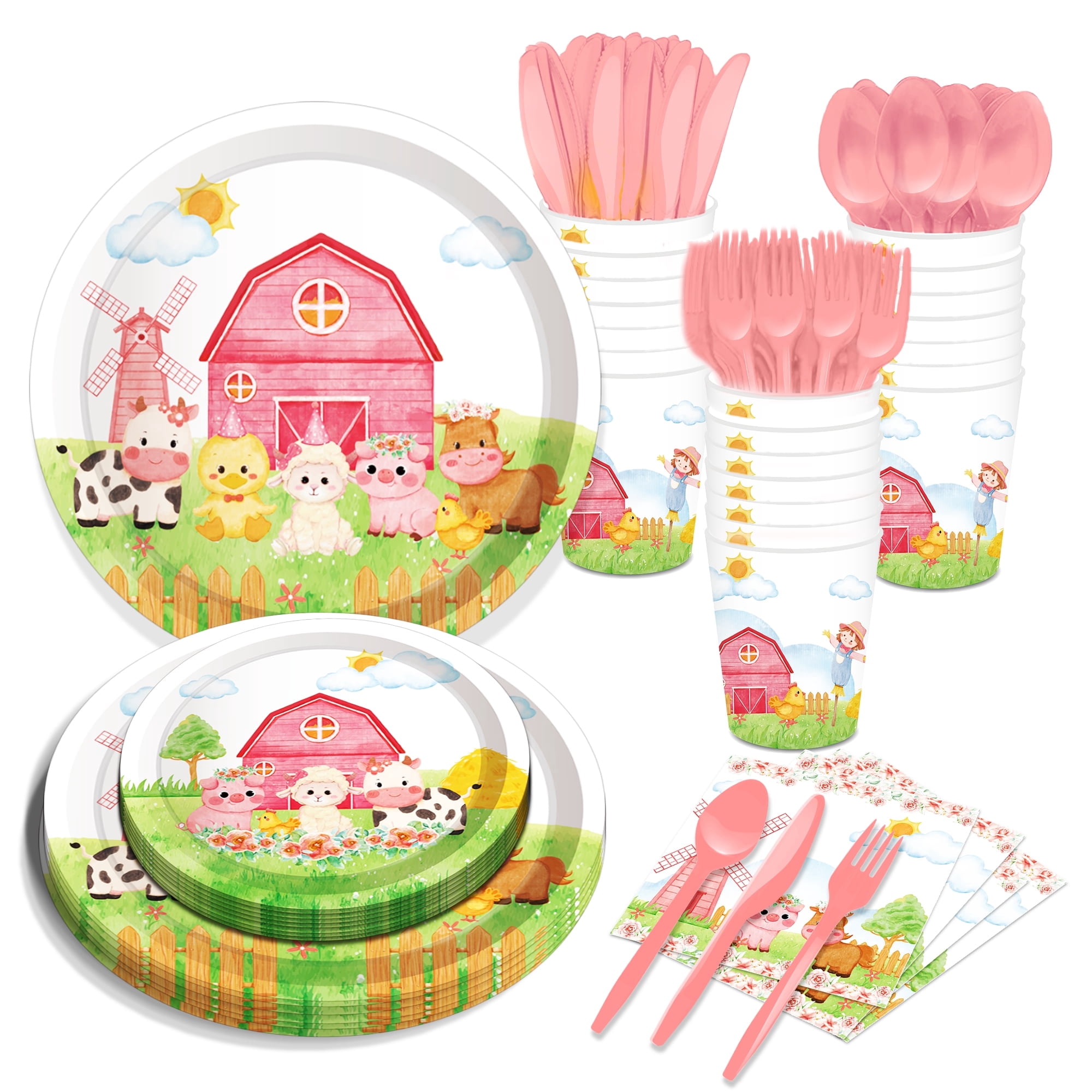 CC HOME Farm Animal Party Supplies Pink Watercolor Animal Party Decorations-Serves 16,Includes Cute Pigs Cows Pattern Plates Cups Napkins