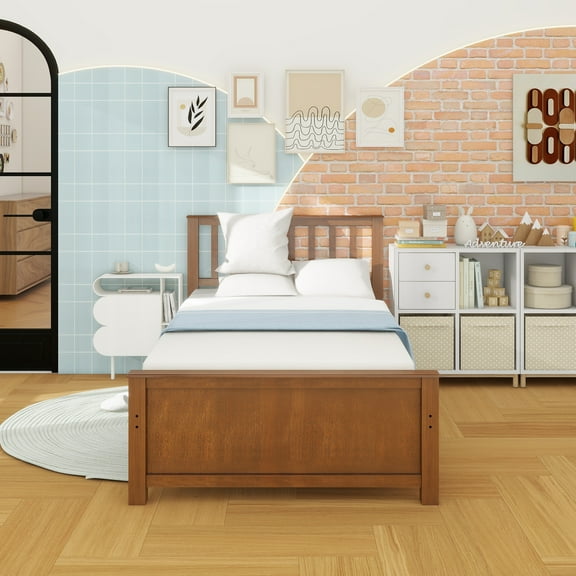 Twin Size Wood Platform Bed with Headboard,Footboard and Wood Slat Support, Walnut
