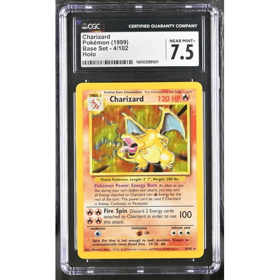 Collectible Graded 1999 Pokémon Base Set Charizard Holo CGC 7.5 #4/102 English Trading Card