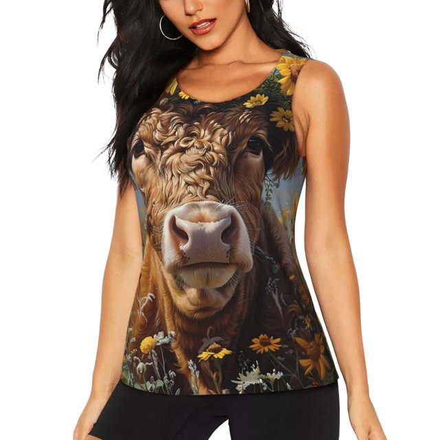 Balery Cute Cow Sunflower Crown A Camiseta sin mangas estampada ligera para mujer, tops de entrenamiento sin mangas, camisetas de yoga transpirables de secado rápido.-Medium
