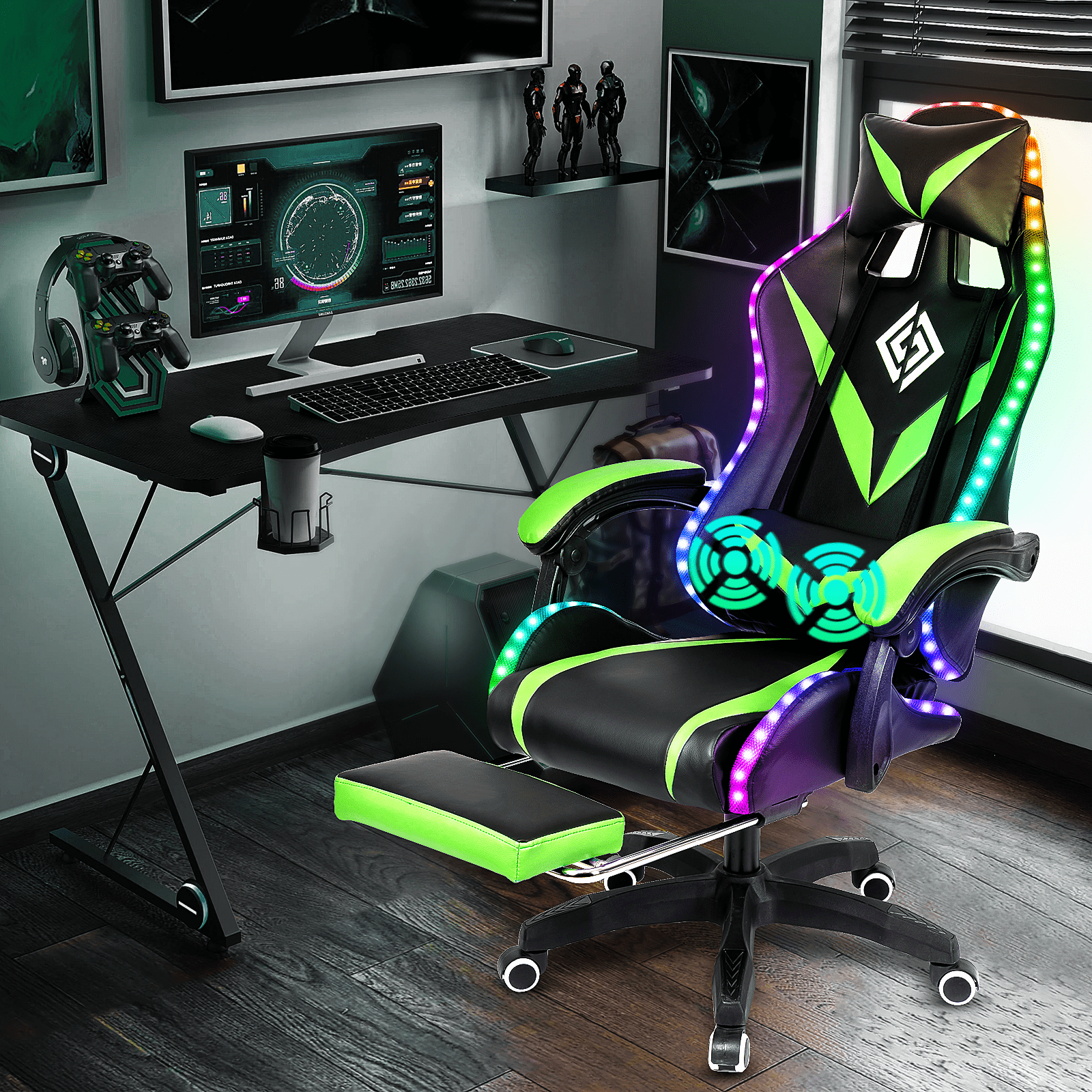 HOFFREE Gaming Chair with RGB LED Lights Ergonomic Computer Chair with Massage Lumbar Pillow Linkage Armrest Reclining Video Game Chair Racing Style for Home Office - Walmart.com