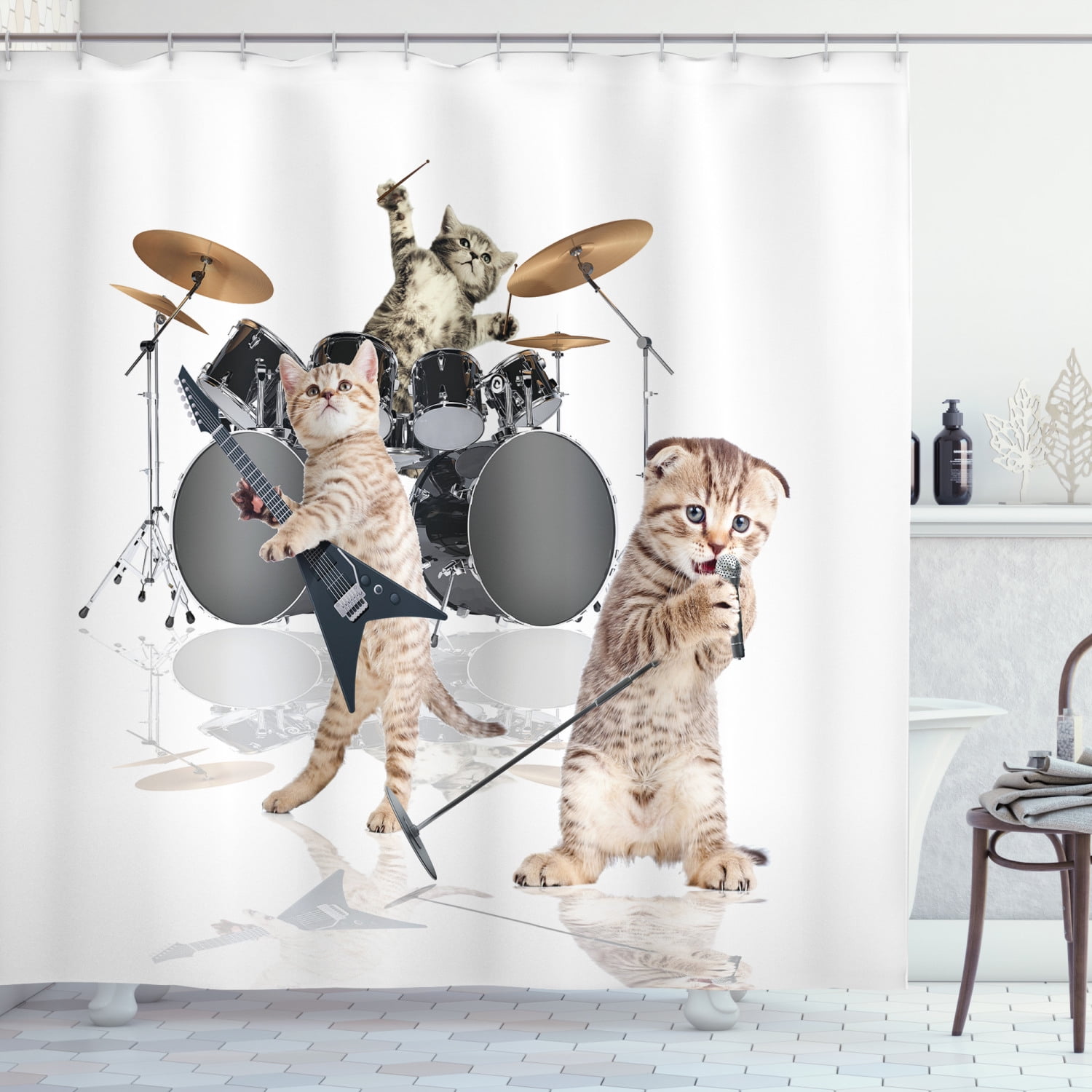 Cat looks at the tiger in the mirror Curtain Shower Home Bathroom Fabric 71x71in 