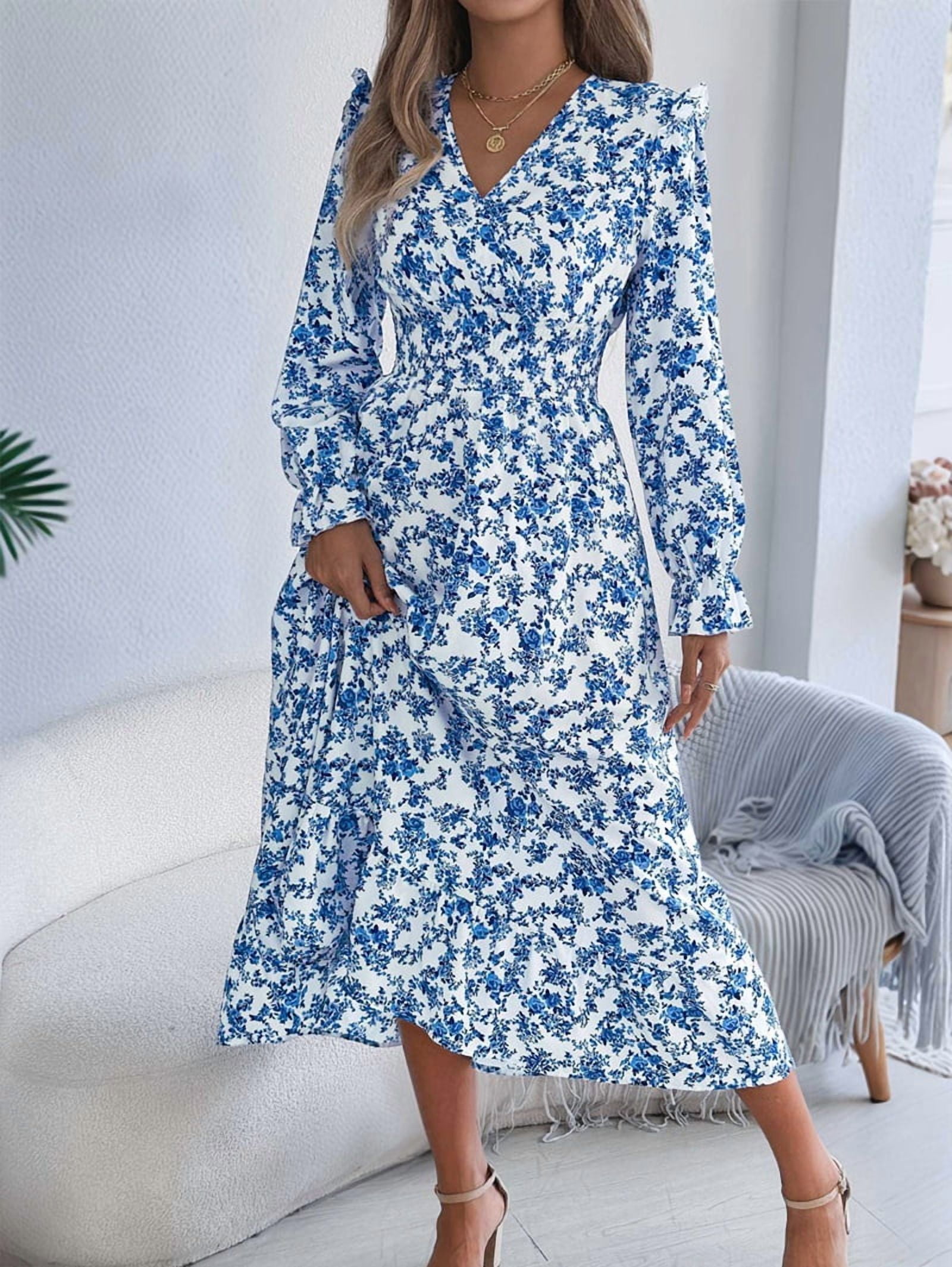 Women'S Long Sleeve Floral Print V-Neck Ruffle Hem Maxi Dress Shirred Waist Blue S