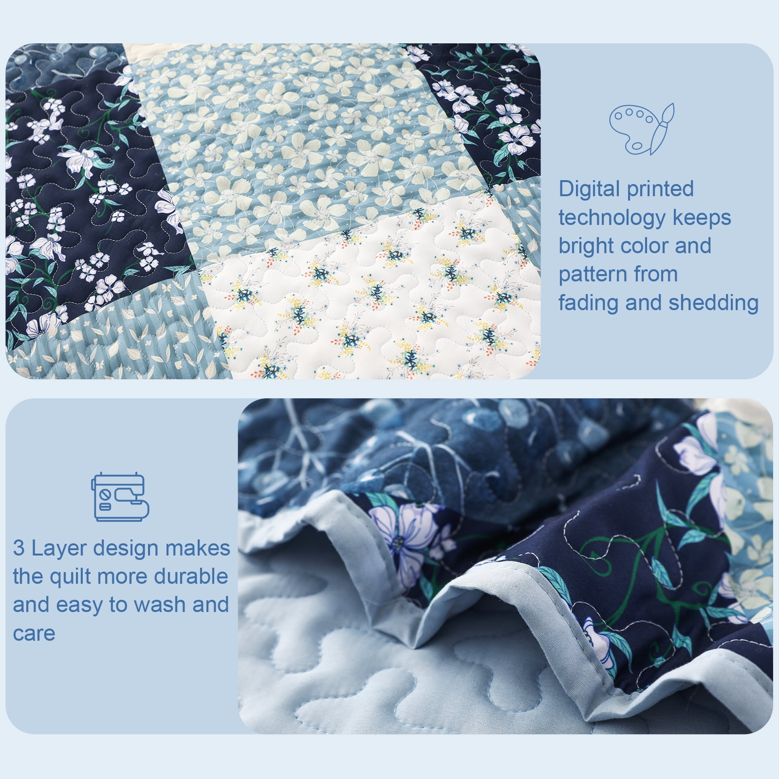 Exclusivo Mezcla Reversible Boho Quilt Set Twin Size, 2 Pieces Patchwork Blue All Season Bedspreads, Ultra Soft Floral Coverlet Bedding Set with Printed Pattern (1 Quilt, 1 Pillow Sham)