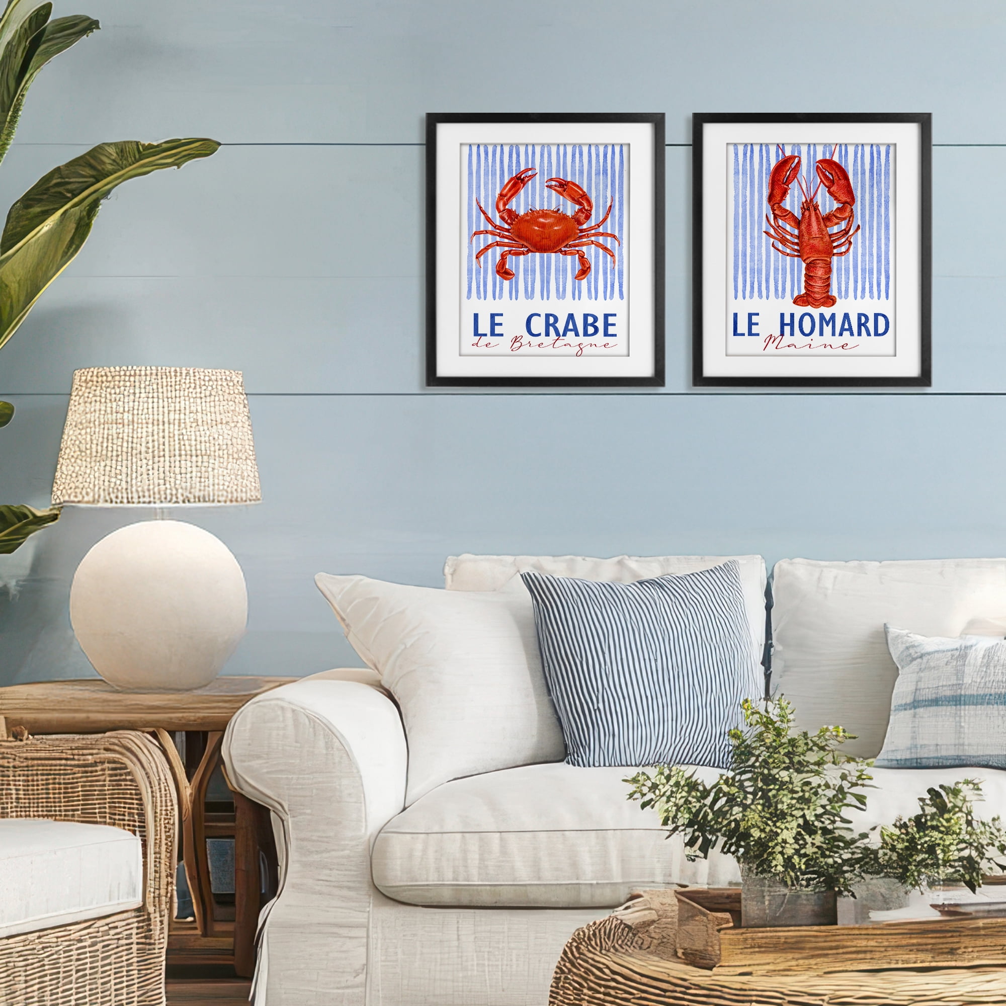Stupell Industries Nautical Stripes Sea Creatures 2 Piece Black Framed Print Under Glass Set, design by Kim Allen