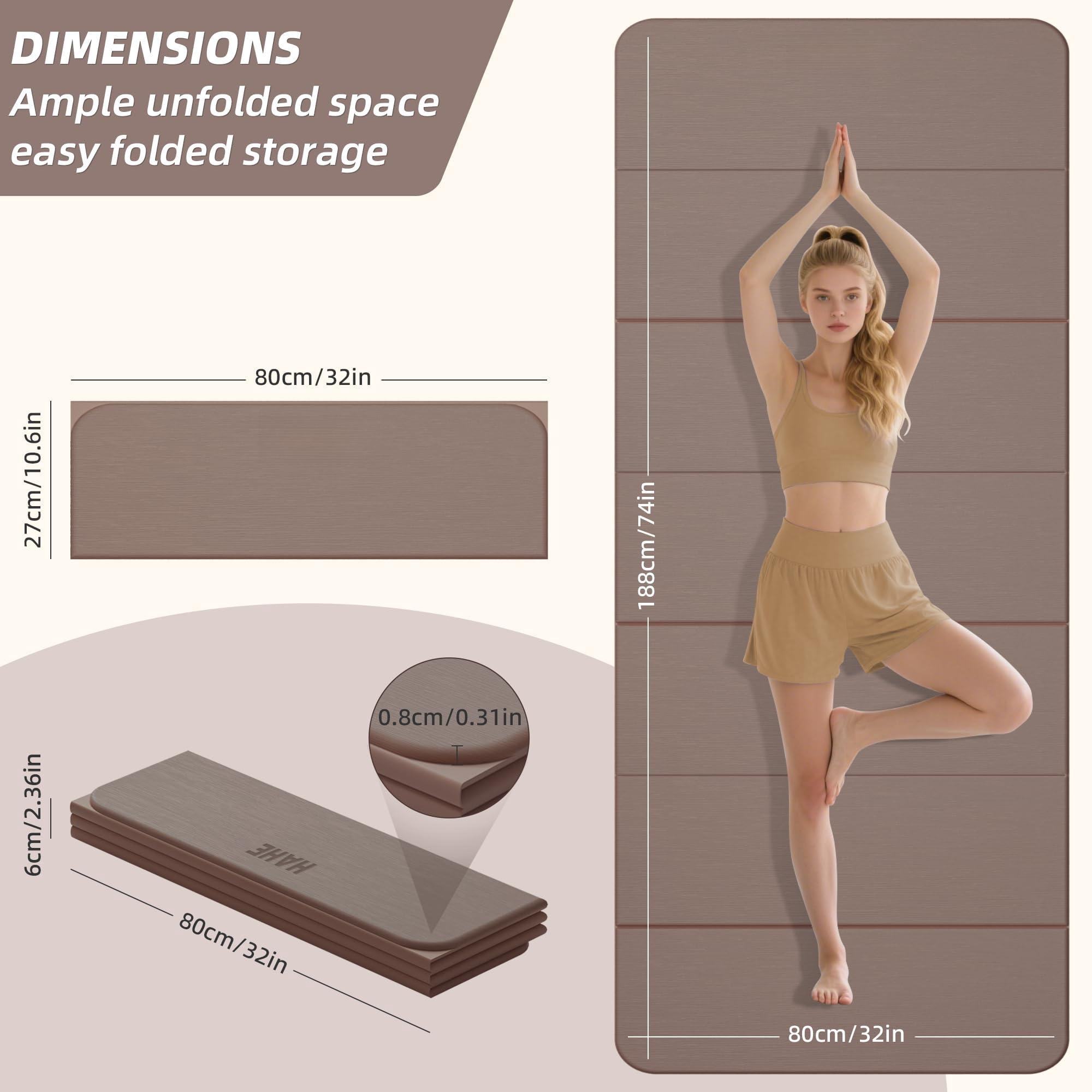 Brown Foldable Yoga Mat 74"L x32"W x 1/3" Thick for Home Workout and Travel