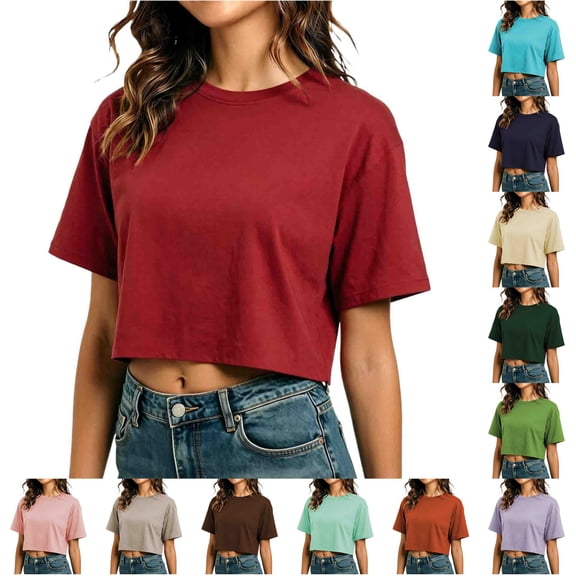 Rhuody Womens T Shirts Short Sleeve Summer Cropped T Shirt Short Loose Fit Round Neck Sporty Tee Classic Women Clothing Brick Red