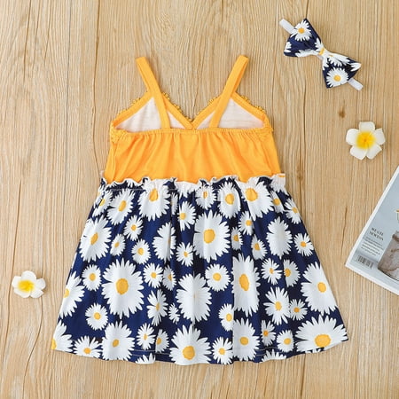 

B91xZ Girls Dresses Toddler Girls Sleeveless Floral Printed Suspenders Princess Dress Headbands Set Yellow Size 9-12 Months