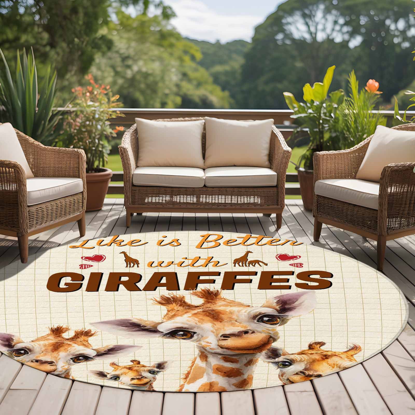 Giraffe Round Area Rug 5Ft Washable Circle Rugs for Living Room Bedroom, Red Love Heart Animals Plaid Non-Slip Carpet Floor Mats Indoor Outdoor Carpet Runner Aesthetic Home Decor