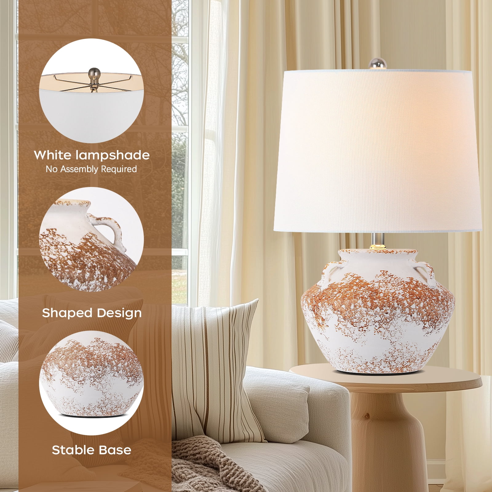 20'' Rustic Ceramic Jar Table Lamp Farmhouse Traditional Bedside Lamp for Bedroom, Living Room Office