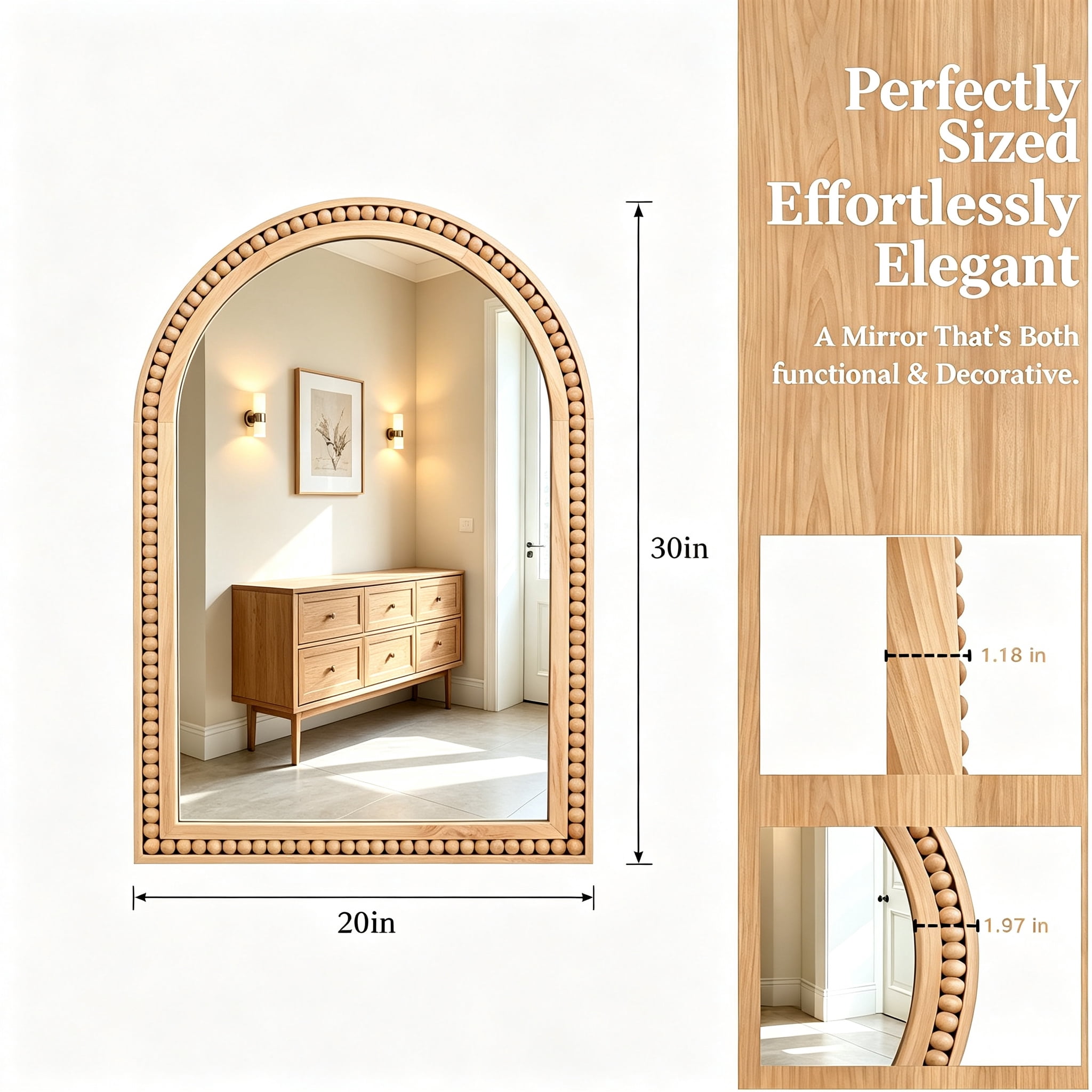 Leumius 30"x 20" Arch Wall Mirror Wall Mirror Rustic Wooden Frame Decorative Mirror for Entryway, Bathroom & Living Room,Natural