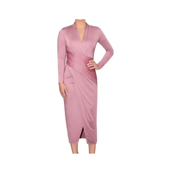 RACHEL RACHEL ROY Womens Pink Stretch Gathered Lined Pullover Long Sleeve Surplice Neckline Tea-Length Party Faux Wrap Dress M