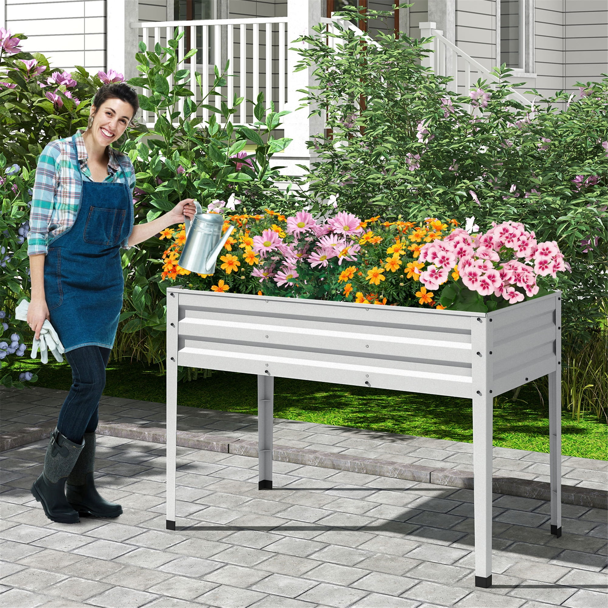 Gymax 46'' x 24'' x 32'' Galvanized Raised Garden Bed w/ Legs Drainage Holes for Flowers Sliver