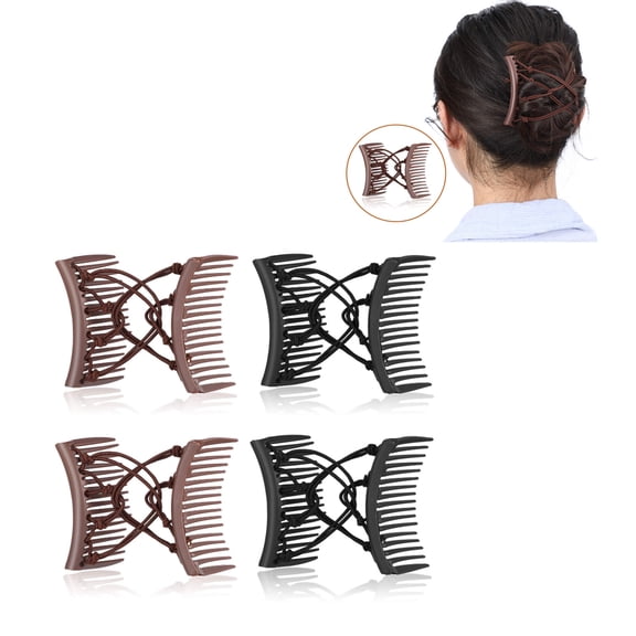 4 Pack Stretchy Double Comb Hair Clips, Adjustable Elastic Hair Combs for Thick, Curly, Wavy Hair, No Crease Hair Pins for Women, Black and Coffee