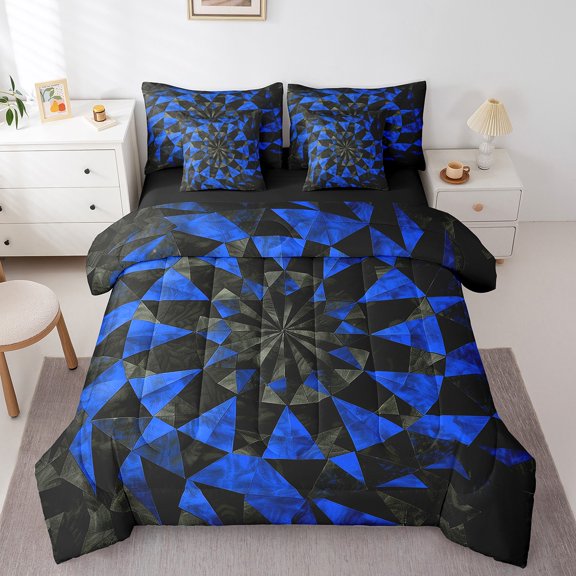 Erosebridal Abstract Geometric Flower Bed in a Bag Twin Size,Modern Aesthetic Art Bed Set,Gradient Blue Floral Bedding Twin Size,Ultra Soft Bedroom Decorative Reversible,7 Pieces