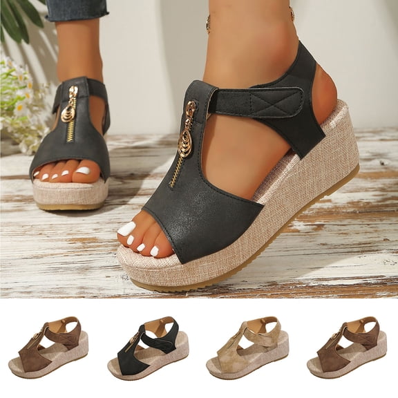 Miluxas Women's Wedges Zipper Sandals Platform Wedges Heels Sandals Khaki 9(42)