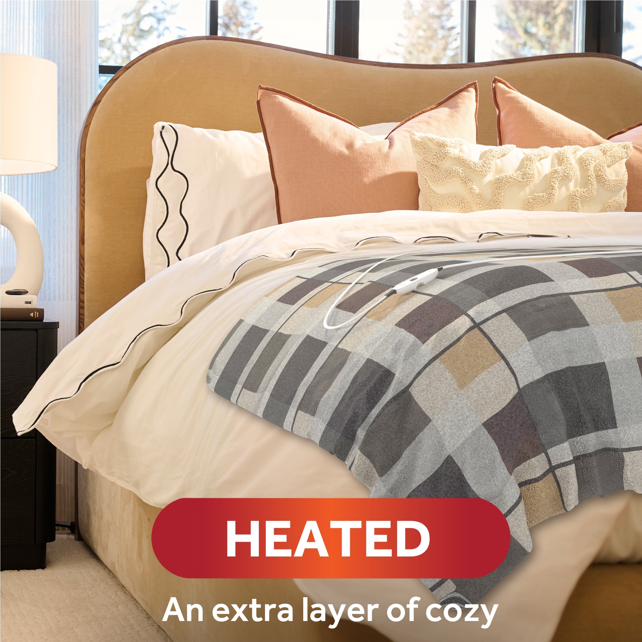 Sunbeam Throw Neutral Plaid Microplush Sherpa/Faux Shearling, 4 Heat Settings, 4-Hour Auto Shut-Off, Electric Heated Blanket, 50” x 60”