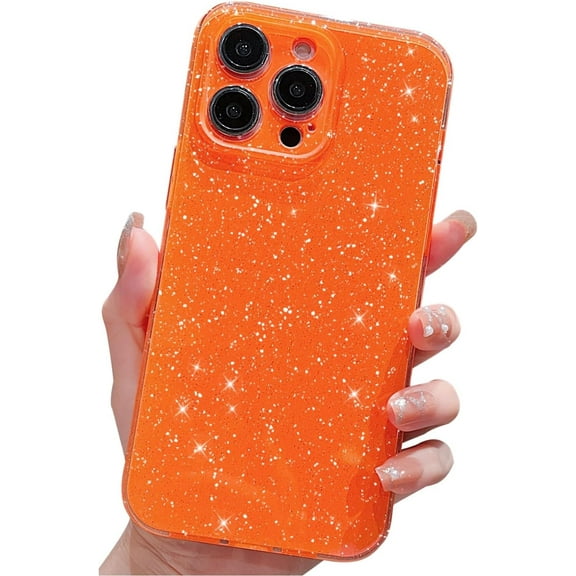 Compatible with iPhone 12 Pro Case 6.1 inch, Cute Neon Bright Color,Glitter Bling Thin Slim Shockproof Silicone Sparkly Case, Soft TPU Phone Case for Women Girl-Orange