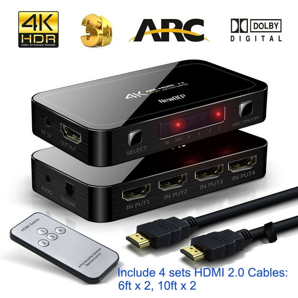 COMMUTATEUR HYFAI 4 PORTS 4X1 HDMI 2.0 4Kx2K @ 60HZ, EXTRACTEUR AUDIO  OPTIQUE TOSLINK AVEC TÉLÉCOMMANDE + 4 câbles HDMI 2.0 gratuits 