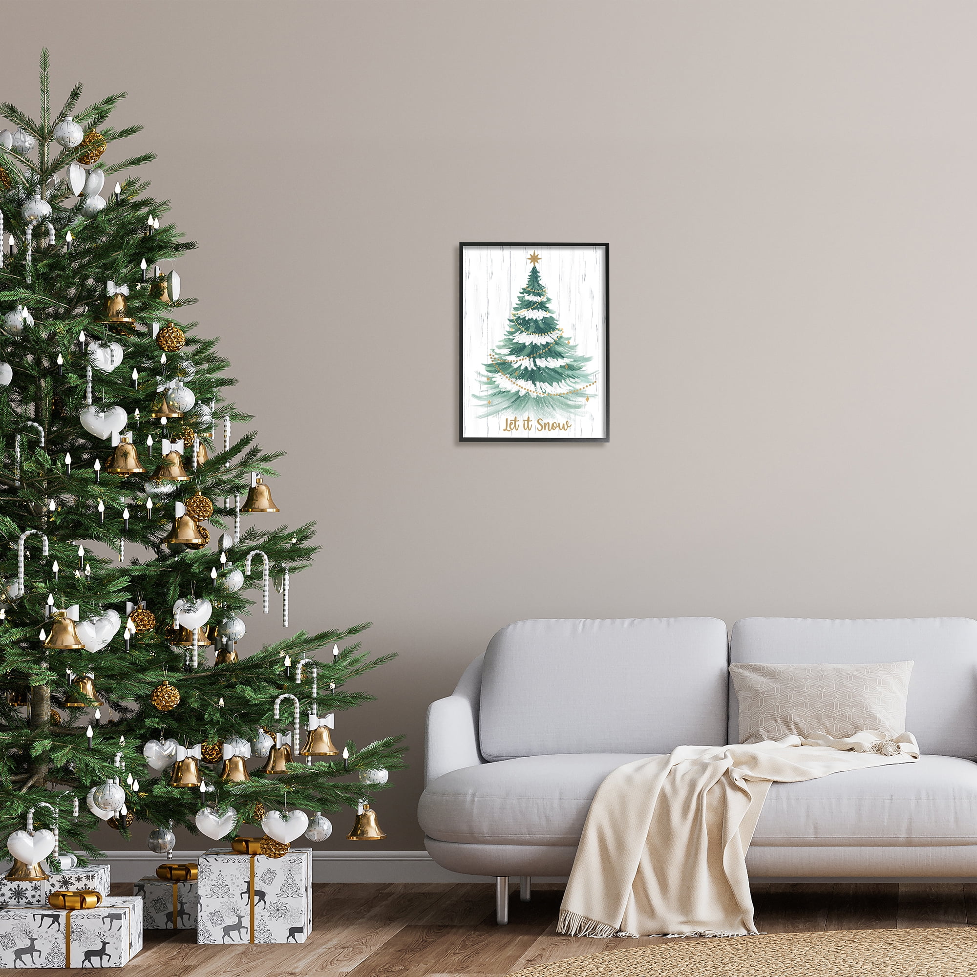 Stupell Industries Let it Snow Rustic Tree Holiday Painting Black Framed Art Print Wall Art, 16 x 20