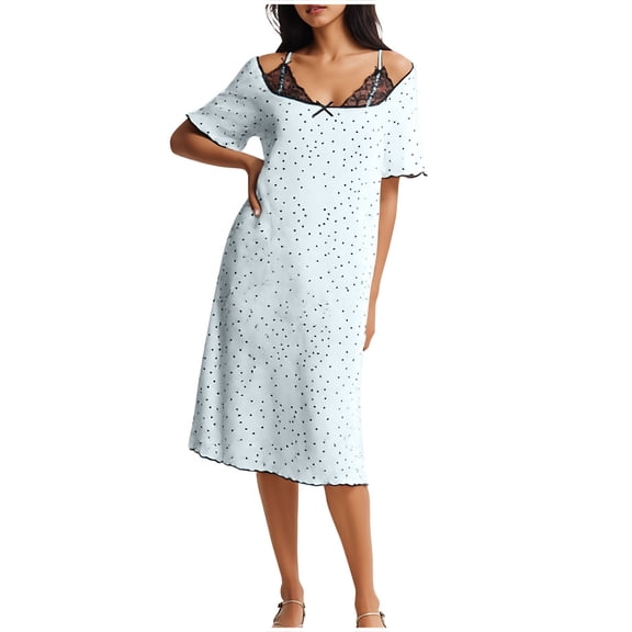 Fewfanhot Women's Sleepwear New Arrival Women's Lace Strap Polka Dot Print Long Nightgown, Cozy & Comfortable Sleep Dress for Leisure & Home