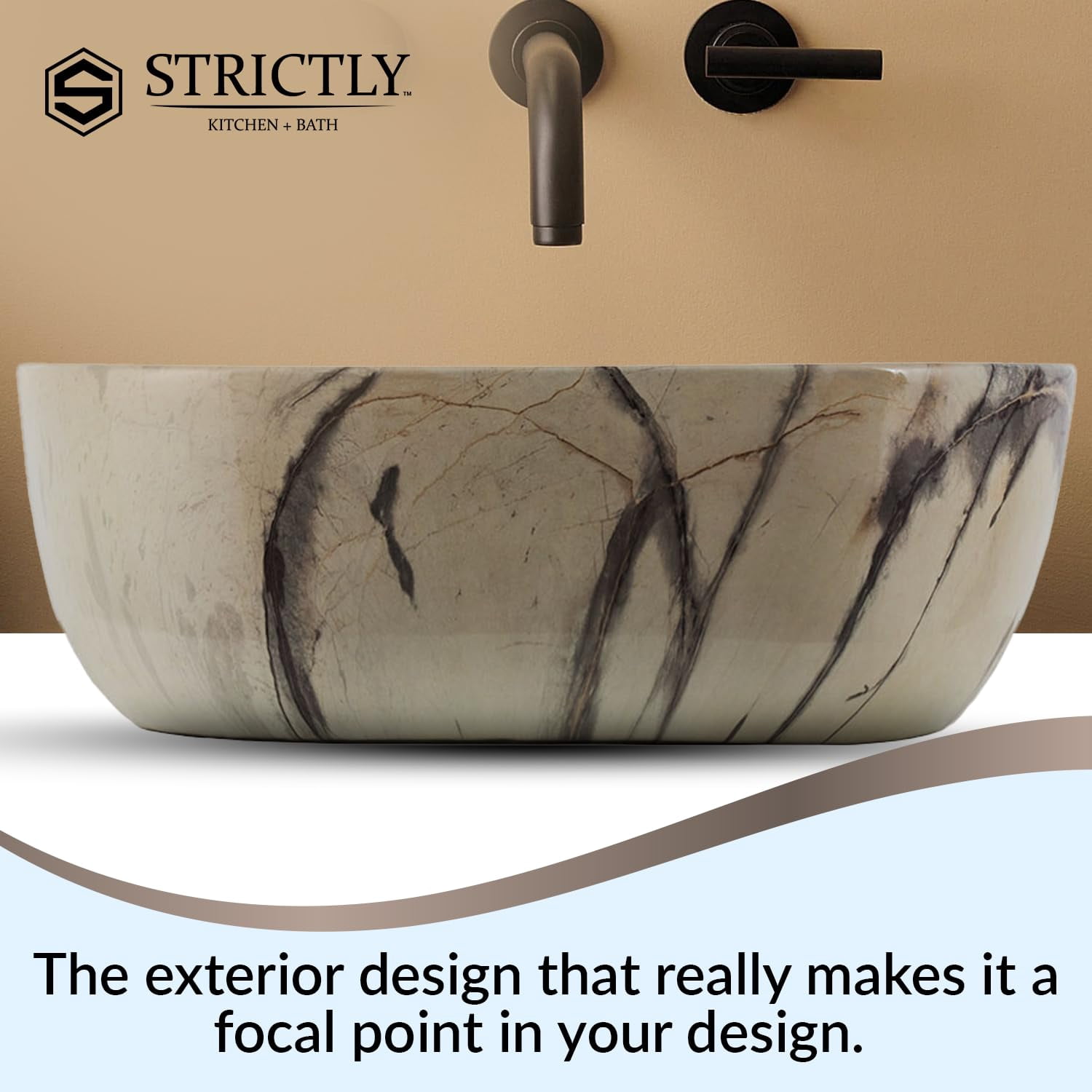 Strictly Sinks 20" Bathroom Vessel Sink Calacatta Marble Design Ceramic Countertop Luxurious Sink