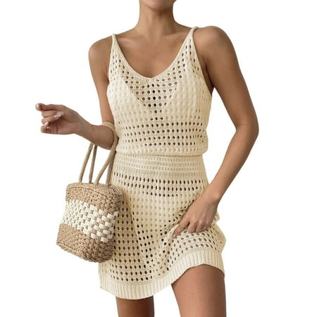 Womens Crochet Swimsuit Cover Ups Beach Hollow Out Tank Coverup Dress Slit Bikini Bathing Suit Cover Up
