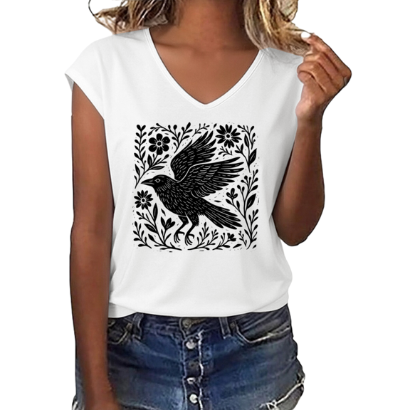 UNISHE Women's Folk Art Crow Floral Graphic V-Neck Short Sleeve T-Shirt Casual Boho Nature Tee