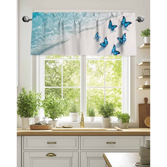 Curtain Valance for Windows,Summer Beach Butterfly Watercolor Kitchen Valances Rod Pocket Short Curtains,Seaside Blue Wave Window Treatment Panel for Bedroom Bathroom 54"x18"