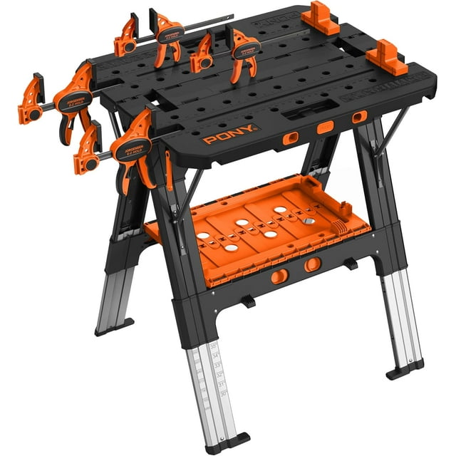 Portable Folding Work Table, 2-in-1 as Sawhorse & Workbench, 31” W×25” D×25”-35”H, Large Load Capacity with 4pcs Clamps, 4pcs Bench Dogs