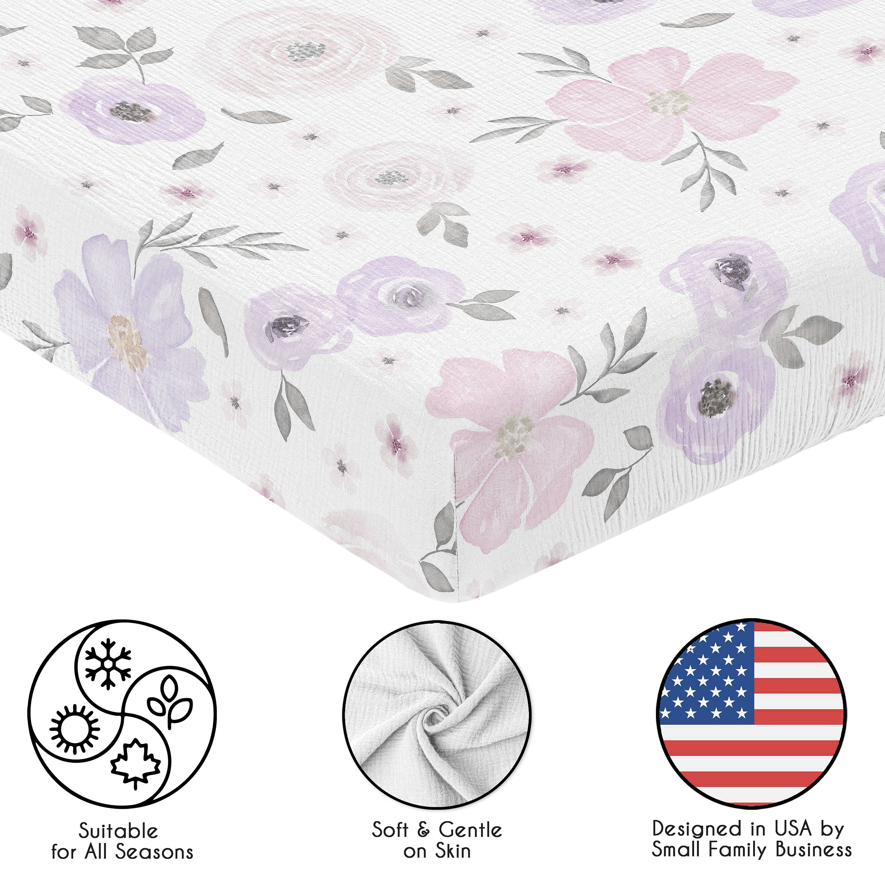 Sweet Jojo Designs Watercolor Floral Lavender and Grey Girl 100% Cotton Muslin Fitted Crib Sheets Set 2 Piece
