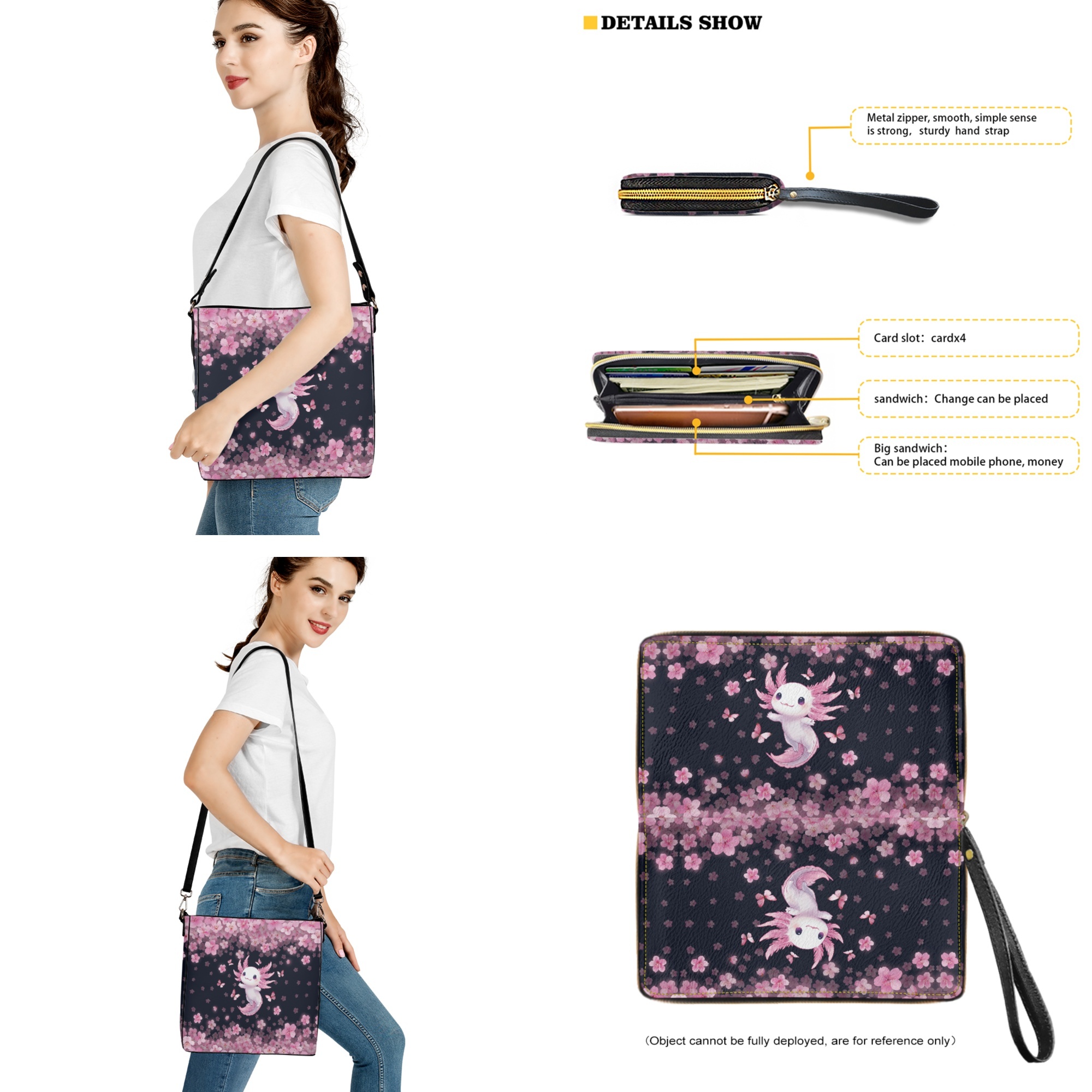 ZUXONGSY Axolotl Cherry Blossom Print Bucket Bag Tote Purse Set for Women Lightweight Top-Handle Handbags with Purse Multipurpose Shoulder Bag with Leather Wallet for Business