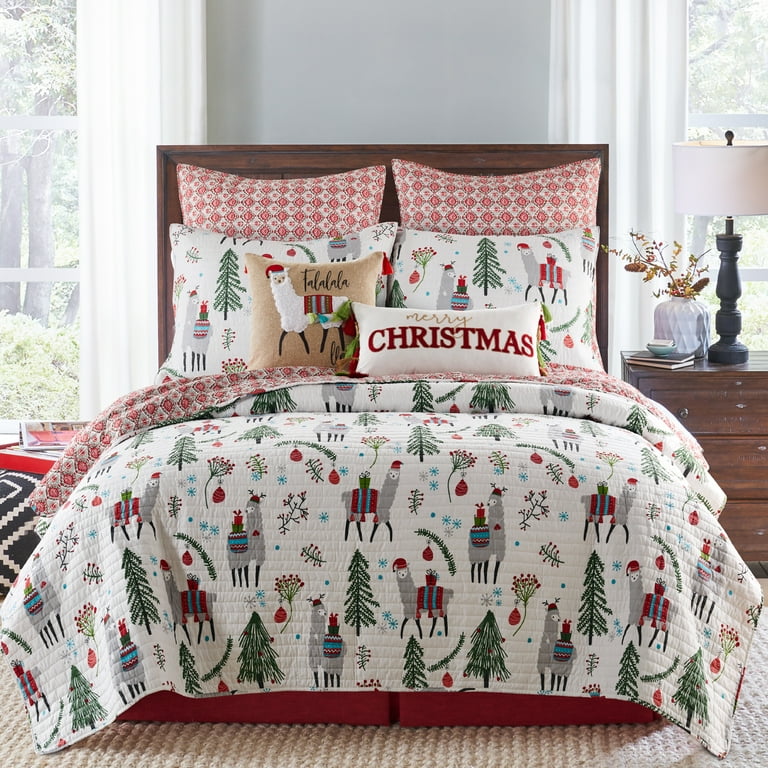 - Home Two - Merry Reversible Set Bright Quilt King Quilt La and Fa Green, by White & Blue, La Pillow - King Grey, - (106x92in.) Levtex Llama Polyester Sham Red, Blend - + (20x36in.)
