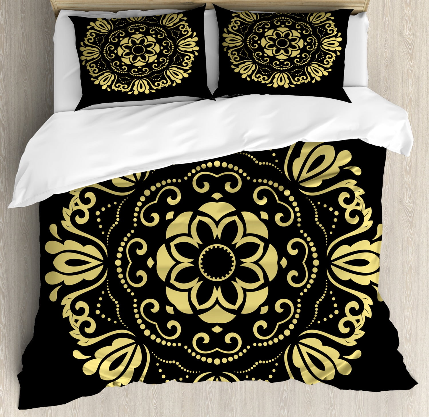 Yellow Damask King Size Duvet Cover Set Graphic Abstract Flowers