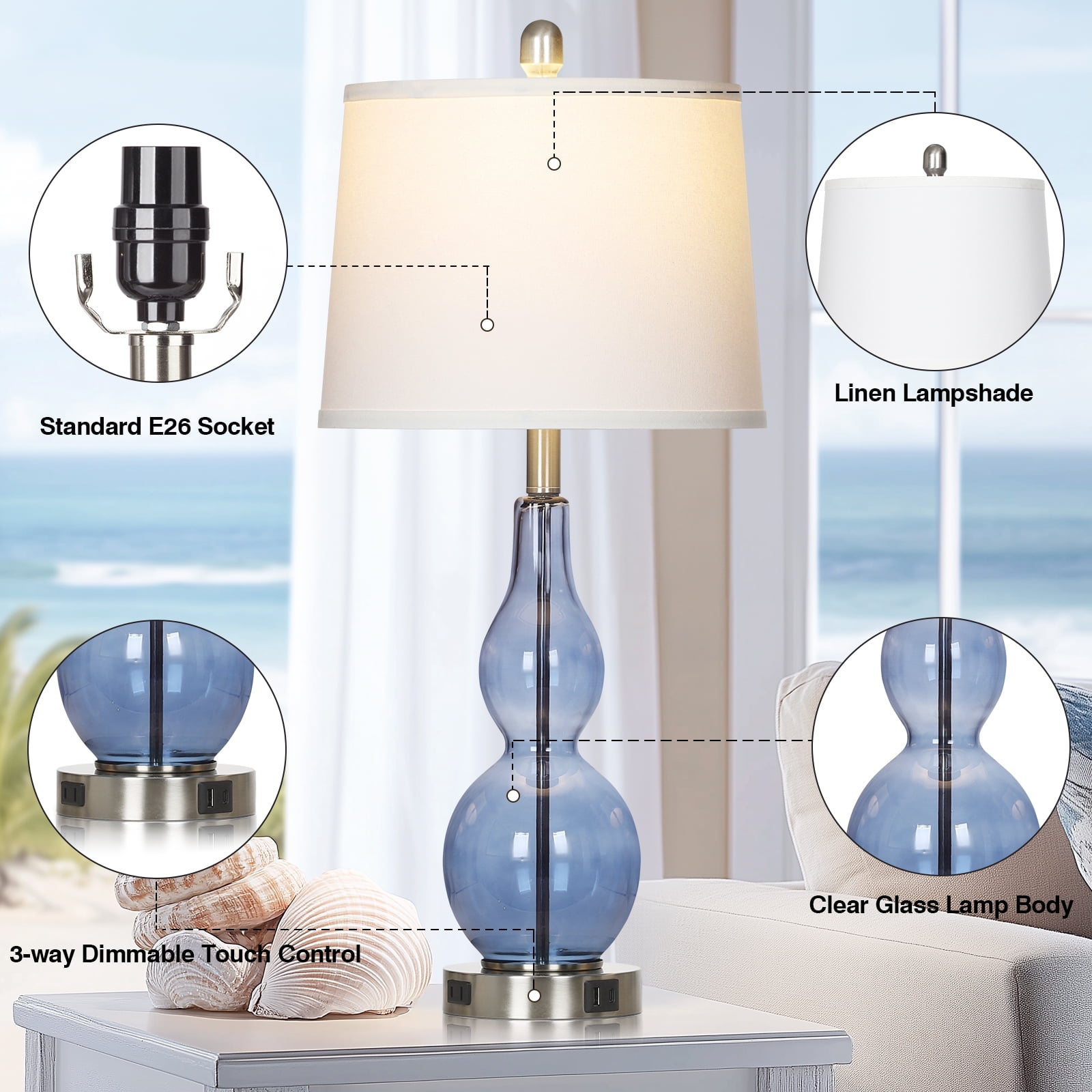 Cinkeda Coastal Table Lamps Set of 2 for Living Room Bedroom 28.5" Nautical Blue Glass Double Gourd 3 Way Dimmable Touch Control Bedside Nightstand Lamp with USB A+C Ports AC Outlet