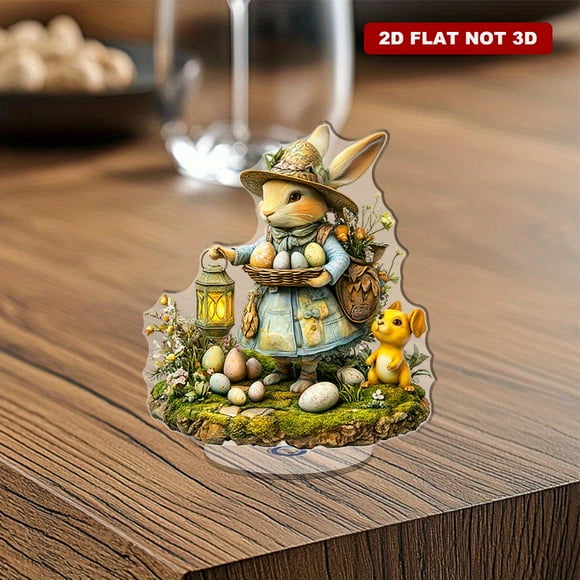 Rotating acrylic ornament featuring a vibrant Miss Rabbit with a lantern, a hat-wearing dog, and delightful Easter elements in a colorful ceramic design