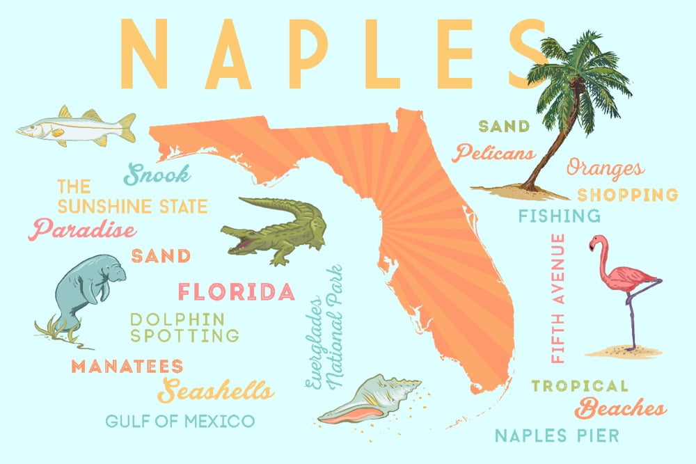 Naples, Florida, Typography and Icons (36x54 Giclee Gallery Art Print