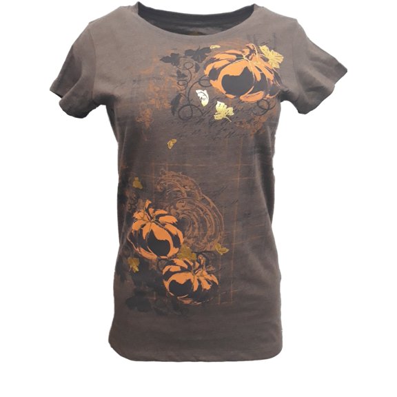 Womens Brown Fall Autumn Pumpkin Plaid Gold Leaf Halloween T-Shirt