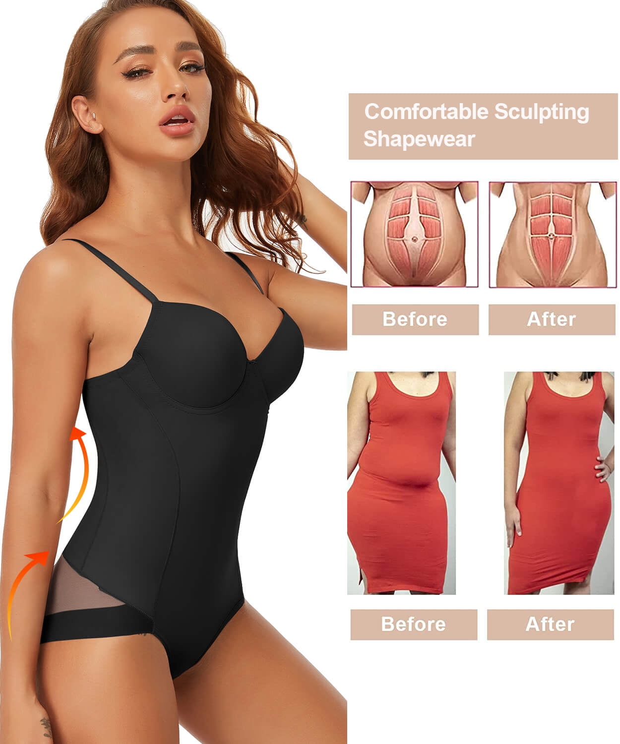 MANIFIQUE Sleeveless Tummy Control With Built in Bra Shapewear Bodysuit for  Women V Neck Fashion Top